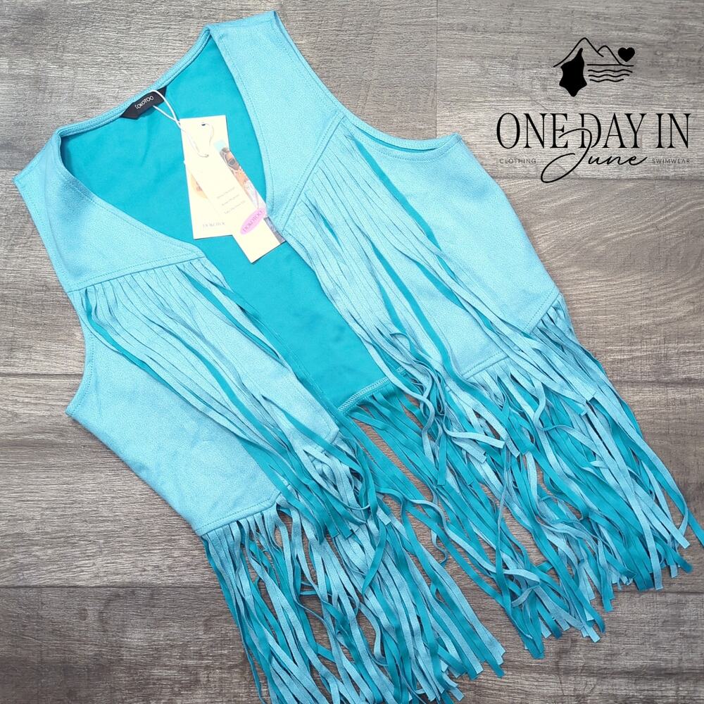 Dokotoo Faux Suede Fringe Tassel Vest Turquoise Blue Western Boho NWT Size S